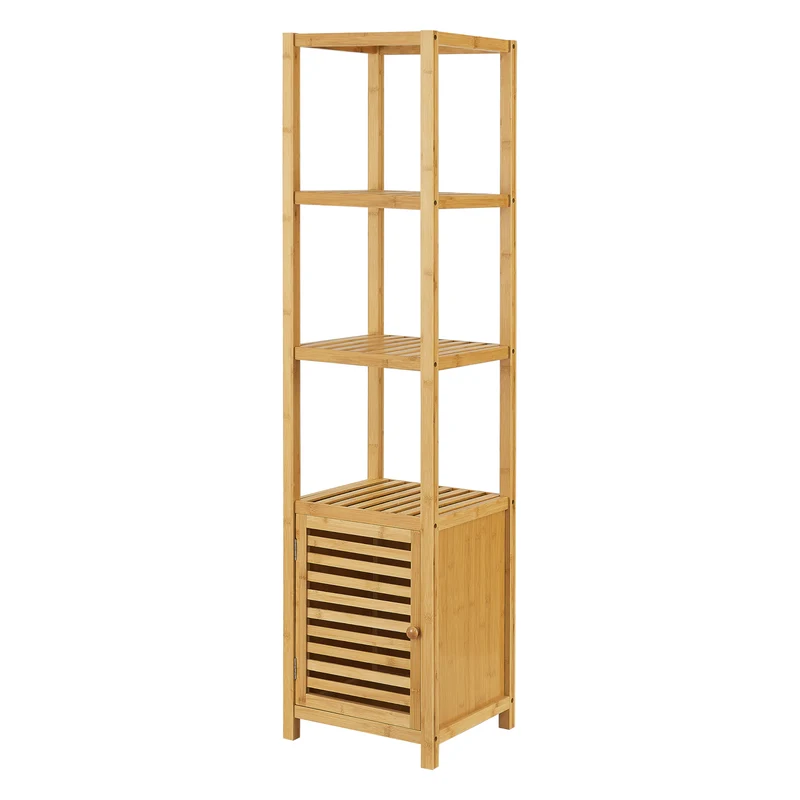 Étagère de salle de bain à 4 niveaux avec porte 140 x 34 x 33 cm bambou 03_0007002