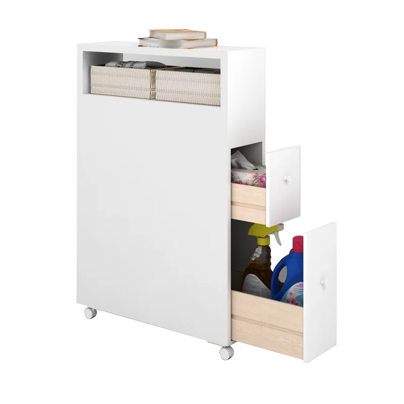 Meuble de rangement étroit 50 x 16 x 72,3 cm avec tiroirs coulissants et paniers en osier vintage en MDF blanc 20_0013124
