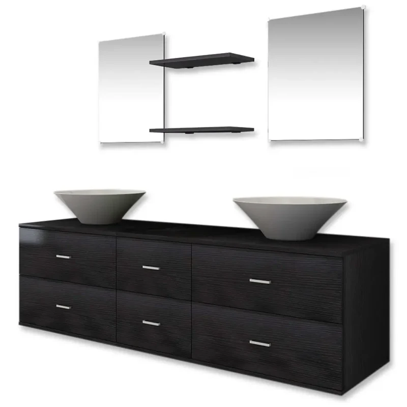 Ensemble de meubles de salle de bain 150 x 45 x 45 cm 2 lavabos 2 miroirs design moderne en bois d'ingénierie noir 02_0046361