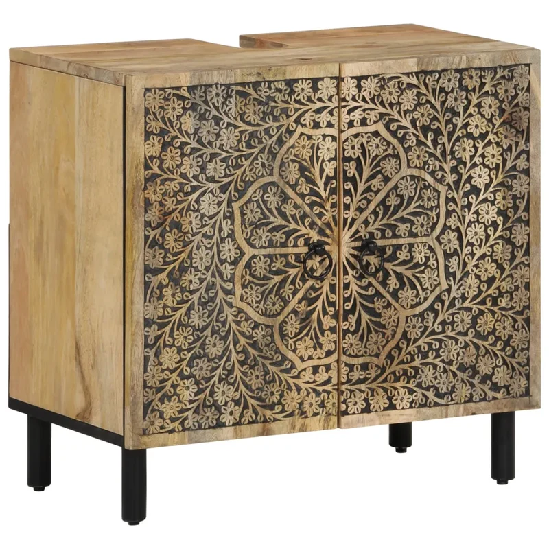 Armoire lavabo rétro salle de bain 62 x 33 x 58 cm avec grand espace de rangement en bois massif manguier 02_0047286