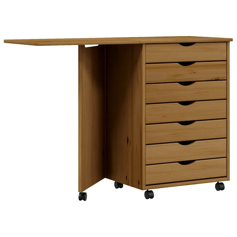 Armoire roulante avec bureau pliable espace de rangement 105,5 x 39 x 74,5 cm en bois de pin marron miel 02_0047168