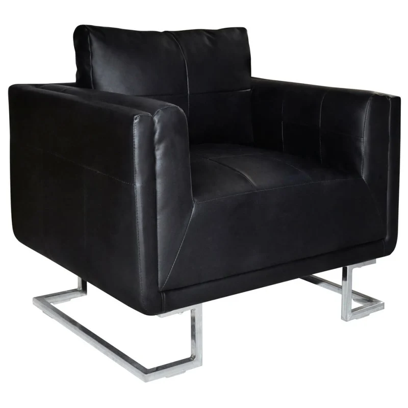 Fauteuil chaise siège lounge design club sofa salon cube avec pieds chromés cuir synthétique noir 1102044/3