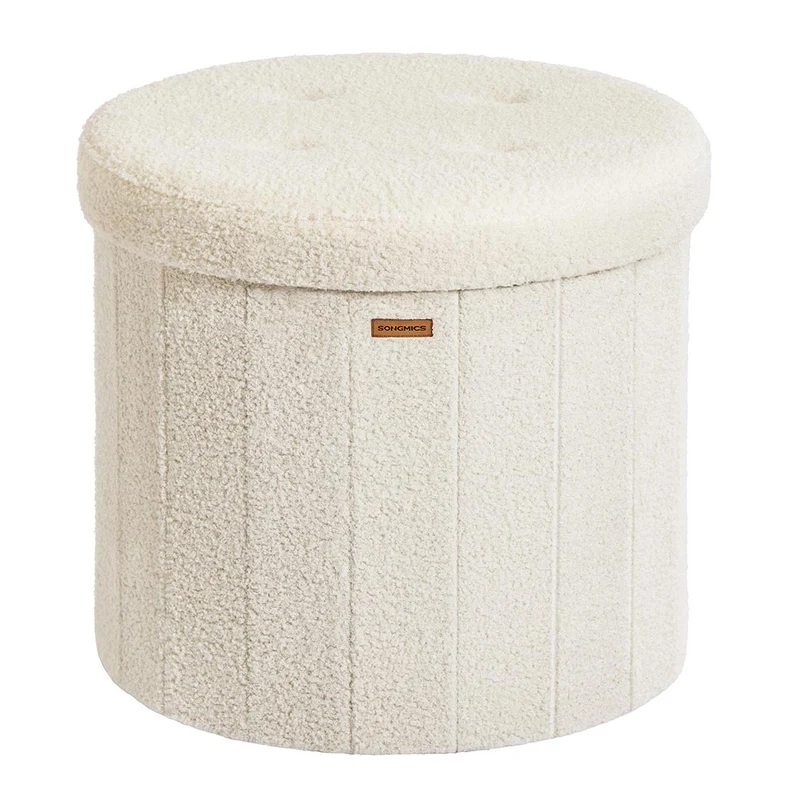 Tabouret de rangement rond repose-pieds avec couvercle amovible 46 x 45 cm pliable montage facile en tissu peluche pour chambre salon entrée blanc crème 12_0006350