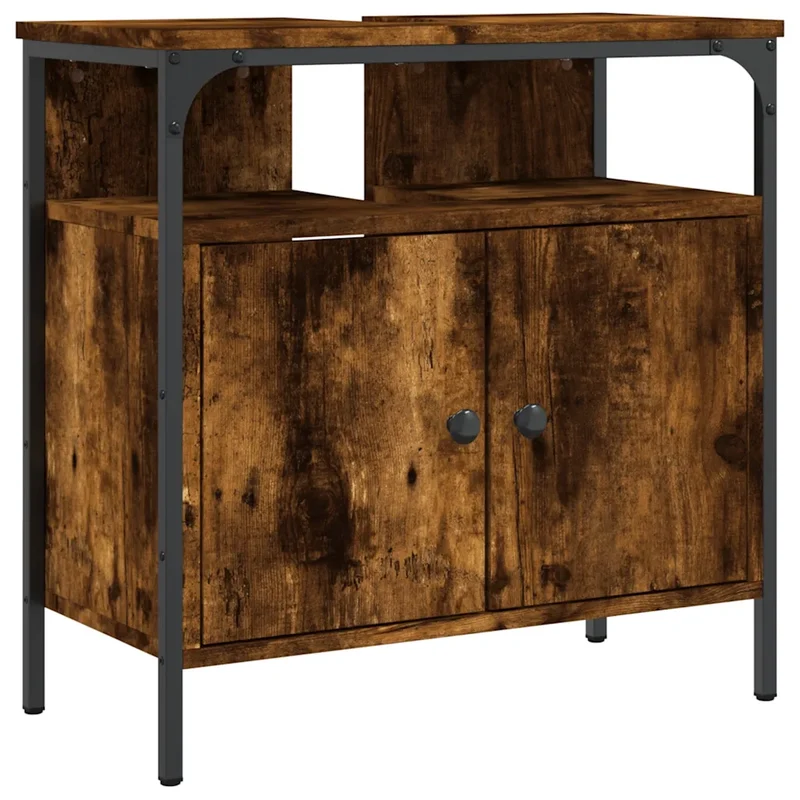 Armoire lavabo design épurée salle de bain rangement 60 x 30 x 60 cm en bois d'ingénierie chêne fumé 02_0049435
