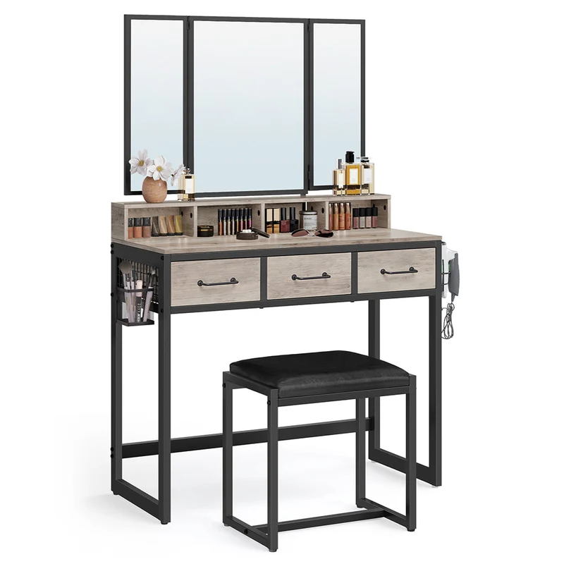 Ensemble de coiffeuse 90 x 40 x 141 cm table de toilette avec tabouret rembourré avec miroir triple 3 tiroirs porte-sèche-cheveux pot style industriel marron rustique et noir 12_0005418