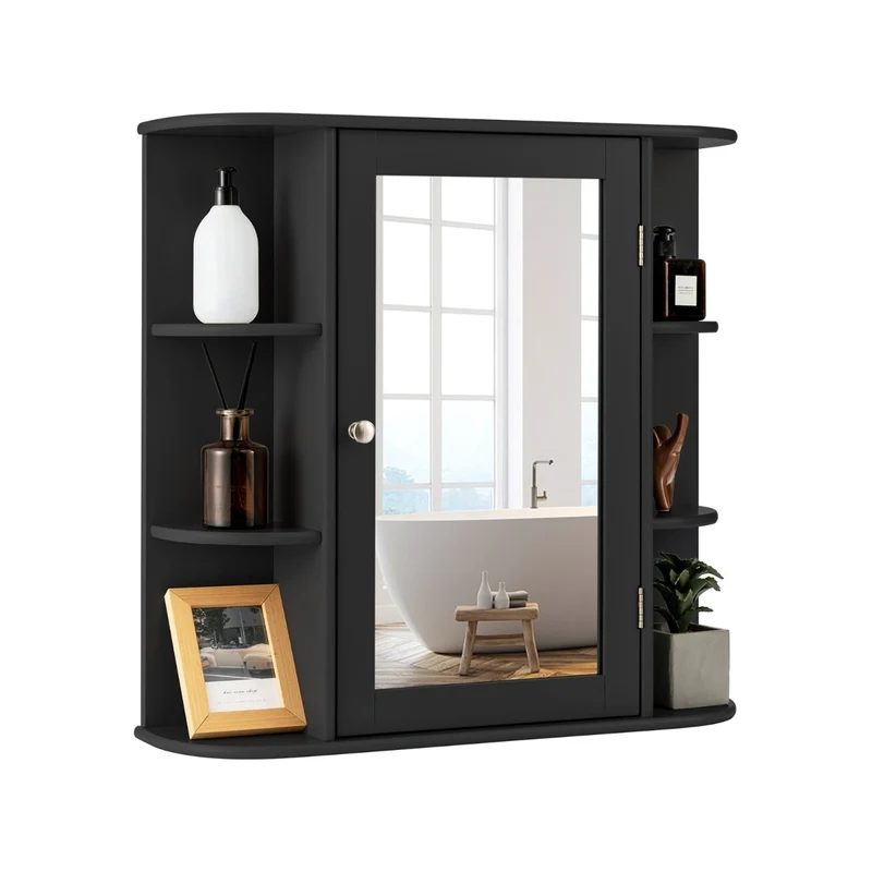 Armoire de salle de bain murale 65 x 17 x 64 cm rangement optimal avec miroir moderne en MDF noir 20_0012754