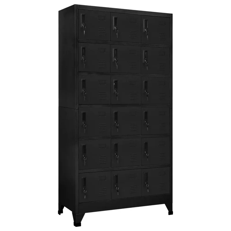 Armoire à casiers moderne de rangement 90 x 40 x 180 cm 18 portes verrouillables style bureau en acier noir 02_0047040