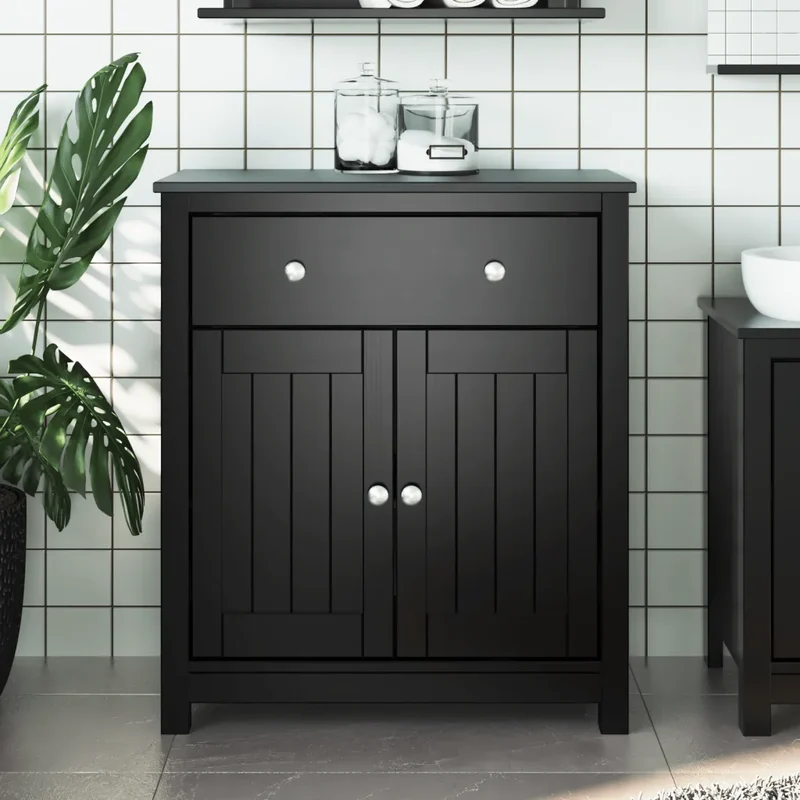 Armoire de salle de bain moderne avec 1 tiroir et 2 portes 69,5 x 34 x 80 cm en pin massif noir 02_0047336