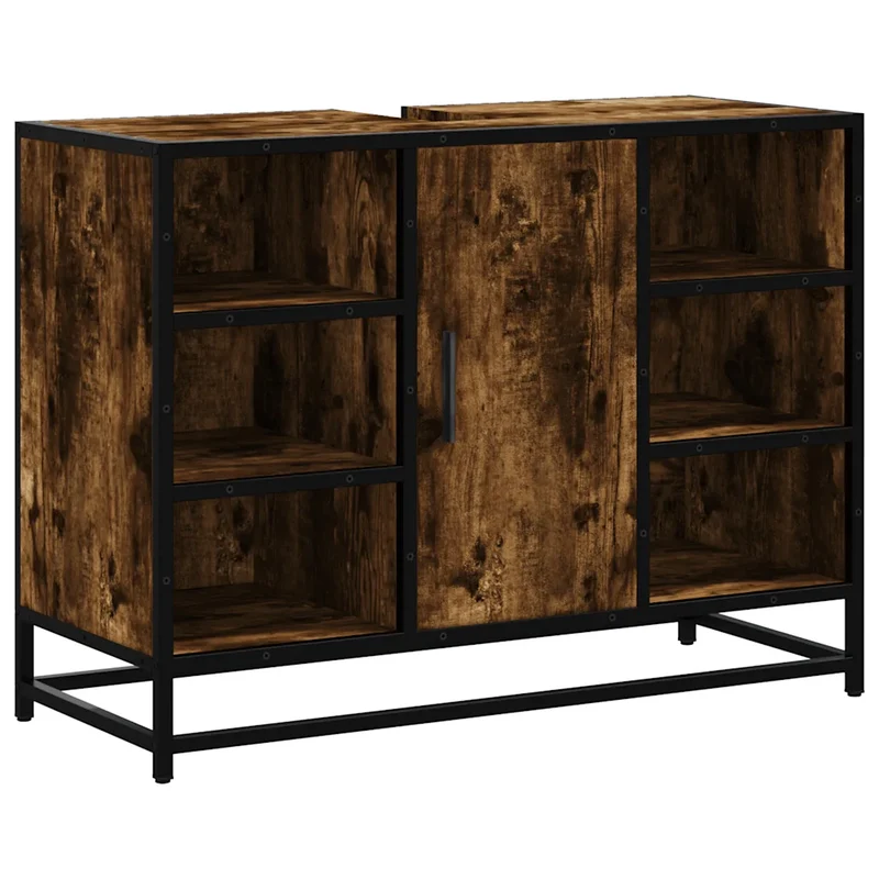 Armoire lavabo salle de bain 80 x 33 x 60 cm design rétro style industriel rangement en bois chêne fumé 02_0049673