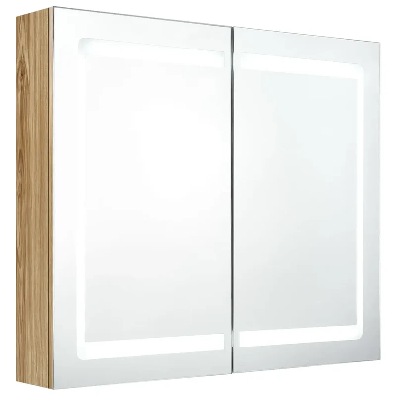 Armoire murale à miroir LED contemporaine 80 x 12 x 68 cm éclairage doux rangement pratique en MDF chêne 02_0046749