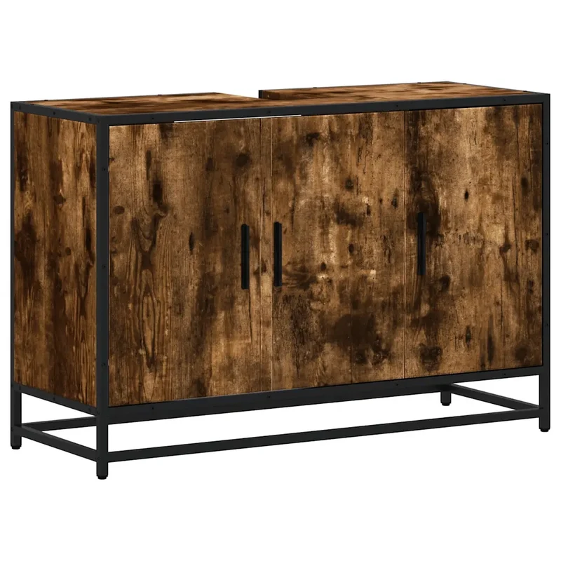 Armoire de lavabo rétro élégante salle de bain 90 x 33 x 60 cm grand espace de rangement style industriel en bois chêne fumé 02_0049659