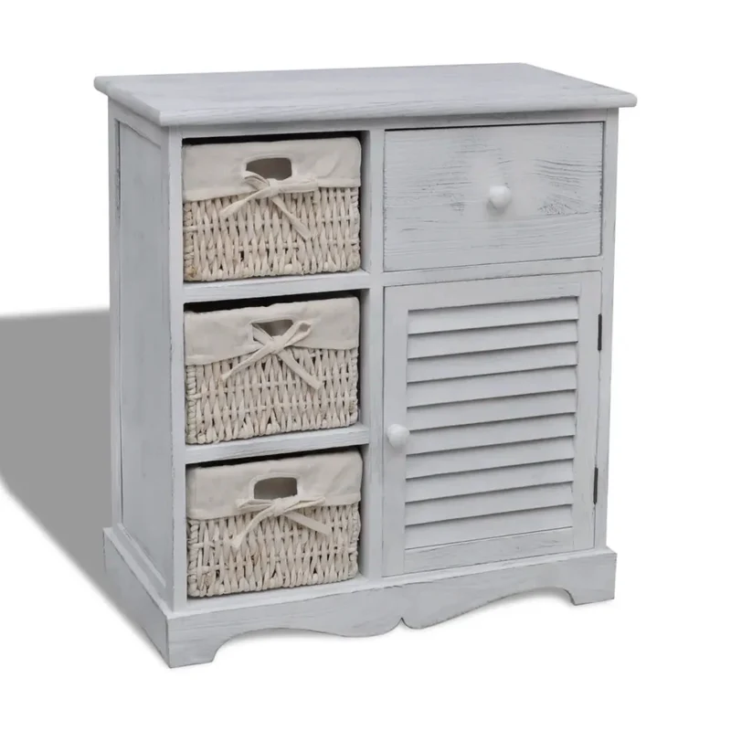 Armoire de rangement en bois design campagnard 60 x 30 x 63 cm avec 3 paniers en coton blanc 02_0046226