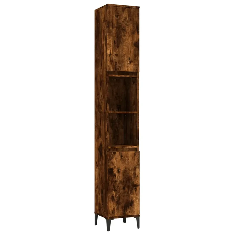 Armoire de bain chêne fumé design moderne 30 x 30 x 190 cm espace de rangement 2 étagères en bois d'ingénierie chêne fumé 02_0048401