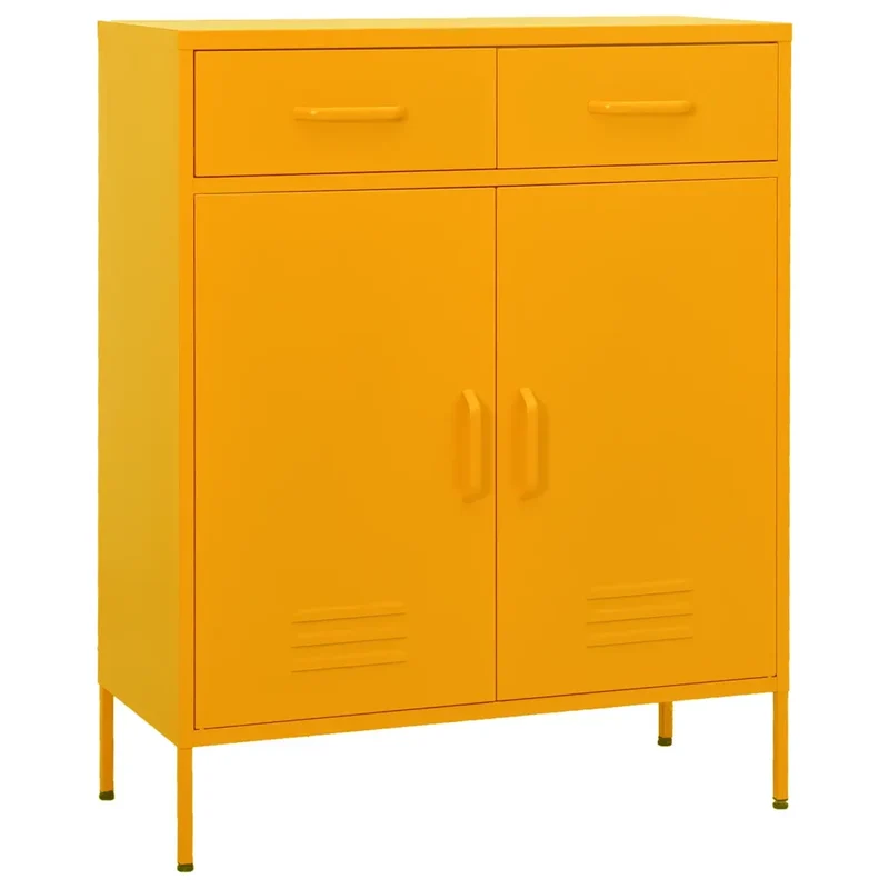 Armoire de rangement moderne en acier 80 x 35 x 101,5 cm avec 2 tiroirs et 1 étagère jaune moutarde 02_0046846
