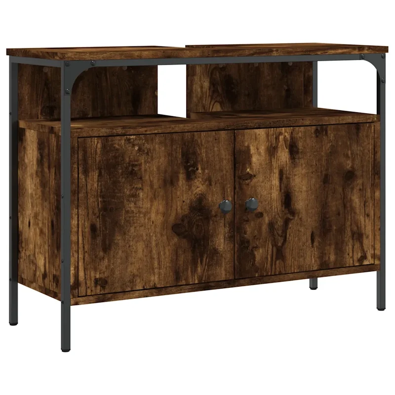 Armoire lavabo salle de bain compacte 80 x 30 x 60 cm avec grand espace de rangement design en bois d'ingénierie chêne fumé 02_0049439