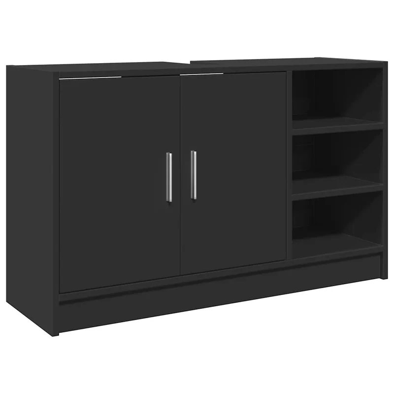 Armoire d'évier élégante noire avec rangement ouvert et 2 portes 90 x 29 x 55 cm en bois d'ingénierie noir 02_0049542
