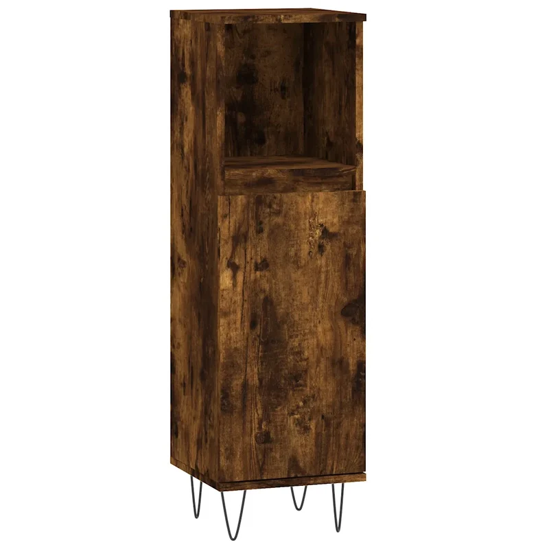 Armoire de bain bois d'ingénierie avec 2 compartiments pratique style industriel salle de bain 30 x 30 x 100 cm en chêne fumé 02_0049006