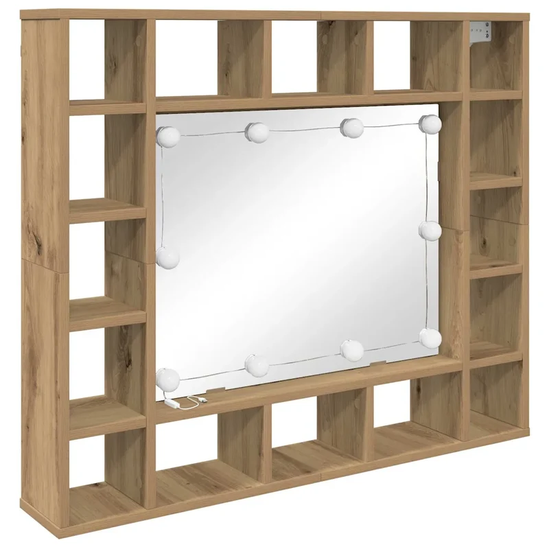 Armoire miroir LED murale avec étagères rangement 91 x 15 x 76 cm moderne chic en bois d'ingénierie chêne artisanal 02_0052471