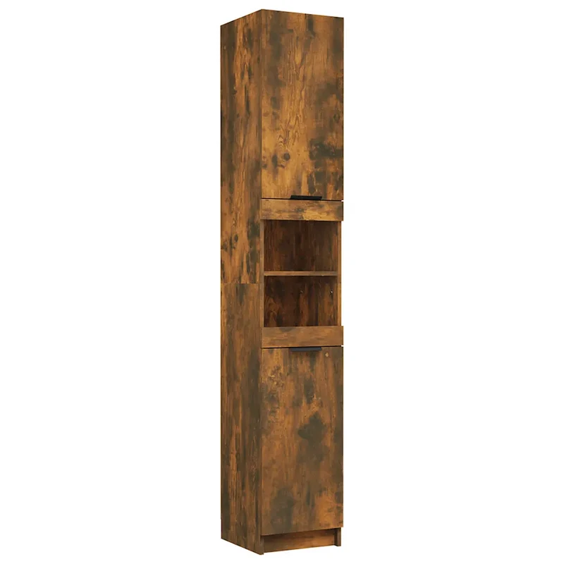Armoire de bain moderne avec 6 compartiments rangement 32 x 34 x 188 cm en bois d'ingénierie chêne fumé 02_0048300