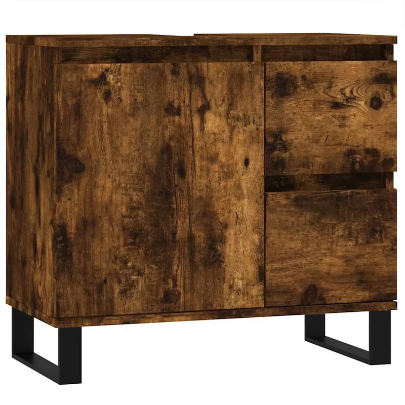 Armoire de bain bois d'ingénierie avec pieds en fer et grande capacité rangement 65 x 33 x 60 cm en chêne fumé 02_0049047