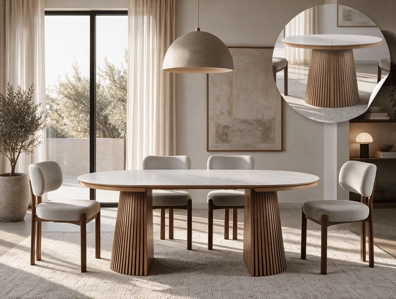 Table extensible NOMA Ø 120 à 200 cm – Plateau céramique effet marbre & piètement en bois rainuré