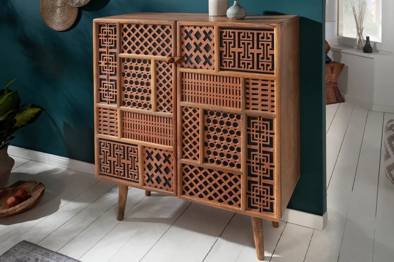 Buffet haut massif MARRAKESCH 120cm en manguier avec décoration style bohème