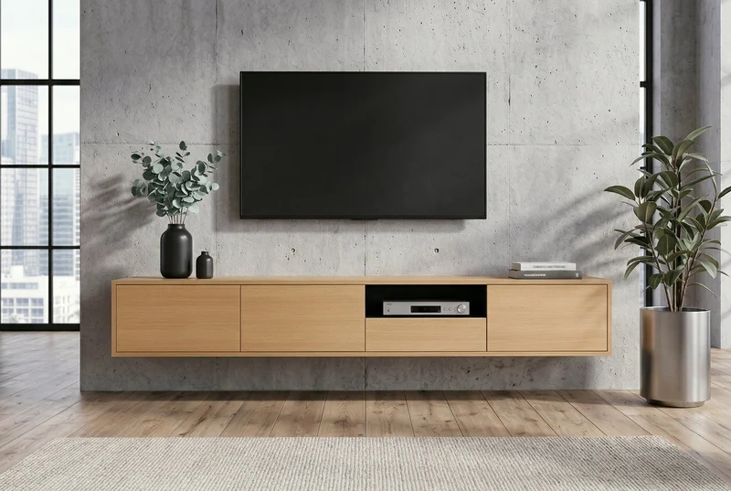 Tableau TV-Board LOFT 200cm naturel noir sept compartiments avec tiroir