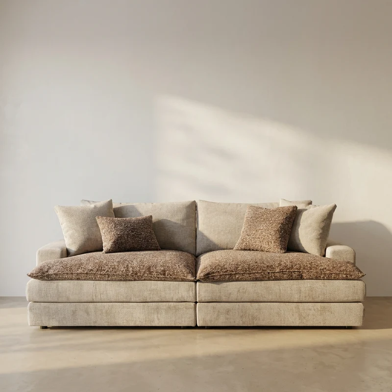 Canapé ROMA velours beige et surcoussins bouclette marron