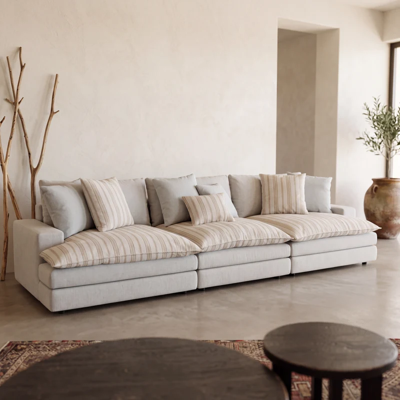 Canapé Roma Beige et surcoussins rayures 357cm