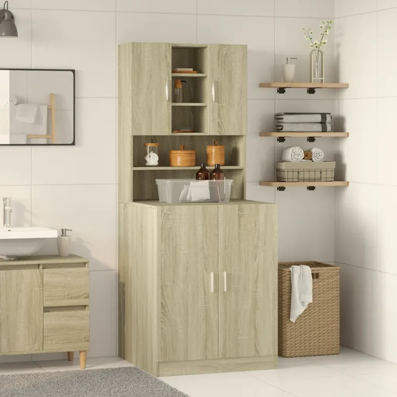 Lot de 2 armoires pour machine à laver rangement optimisé salle de bain 70,5 x 71,5 x 181,5 cm en bois d'ingénierie chêne sonoma 02_0055646