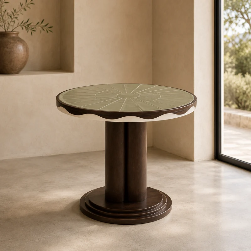 Table à manger ronde Ø75 cm en chêne foncé et céramique