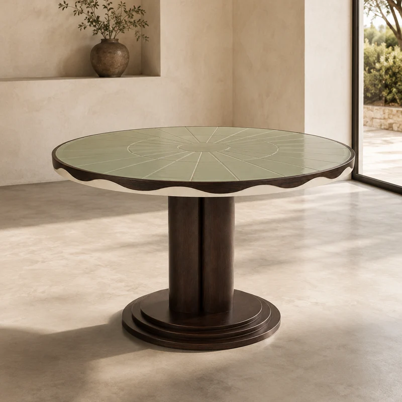 Table à manger ronde Ø120 cm en chêne foncé et céramique