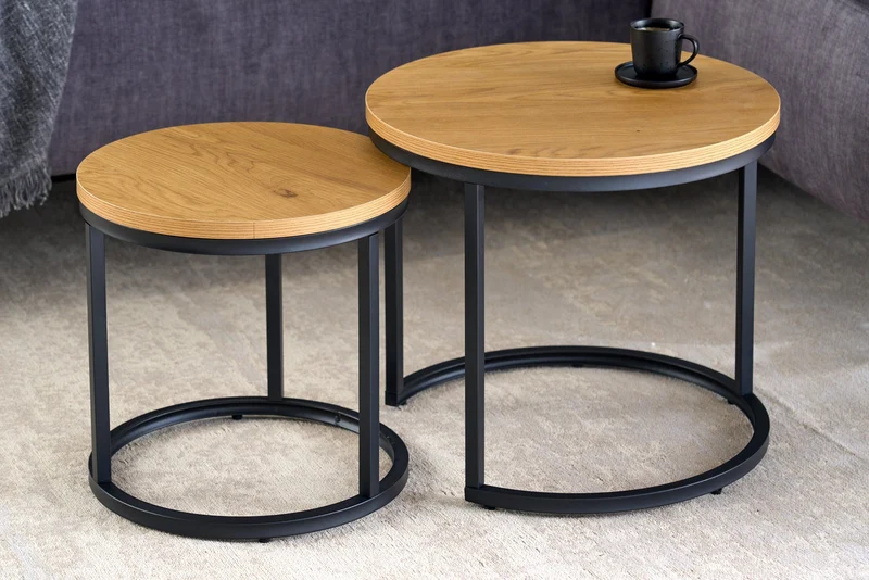Tables d’appoint rondes lot de 2 ELEGANCE 45cm chêne sauvage naturel design bois structure métal noir