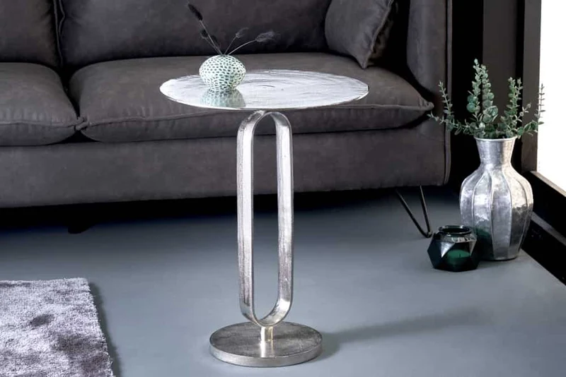 Table d’appoint ronde ELEGANCE 60cm métal argenté aluminium fait main