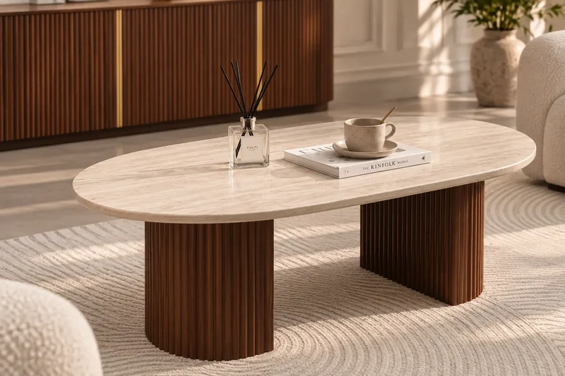 Table Basse Ovale TERRA - Céramique Effet Travertin | Pieds Travertin ou Noyer - 120 x 70 cm