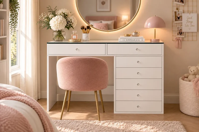 Coiffeuse Blanche Vitré 7 Tiroirs - 120cm