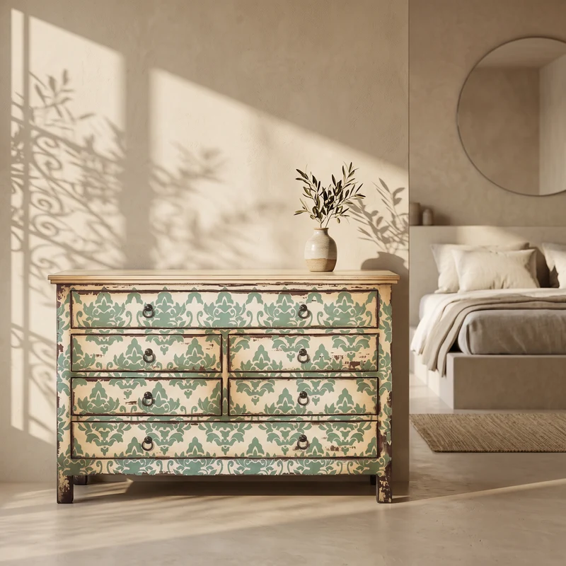Commode Fleurs vert d'eau