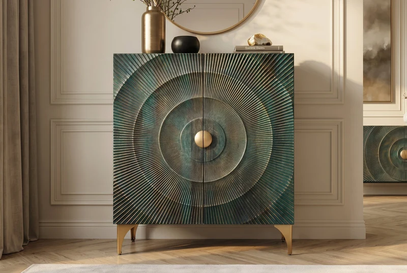 Buffet haut massif GOLDEN SUNSET 120cm en bois de manguier turquoise doré avec sculptures 3D