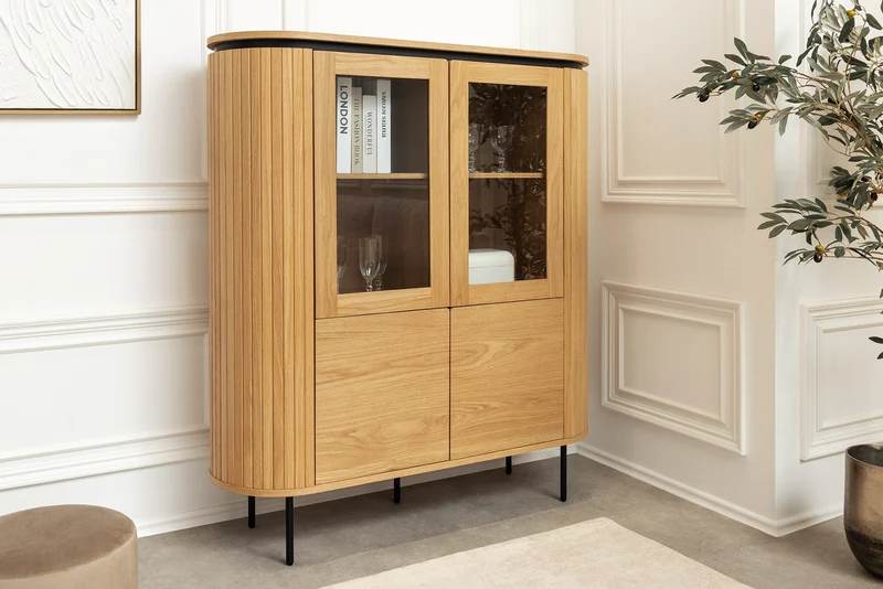 Buffet haut moderne ATELIER 140cm chêne naturel métal noir six compartiments