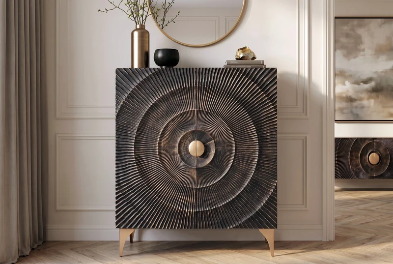 Buffet artisanal GOLDEN SUNSET 120cm avec sculptures 3D en bois de manguier or noir