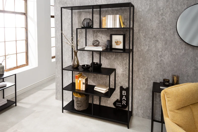 Bibliothèque industrielle SLIM LINE 185x114cm frêne noir six étagères
