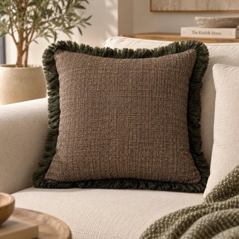 Coussin décoratif uni texturé brun et franges kaki – Savu 50x50