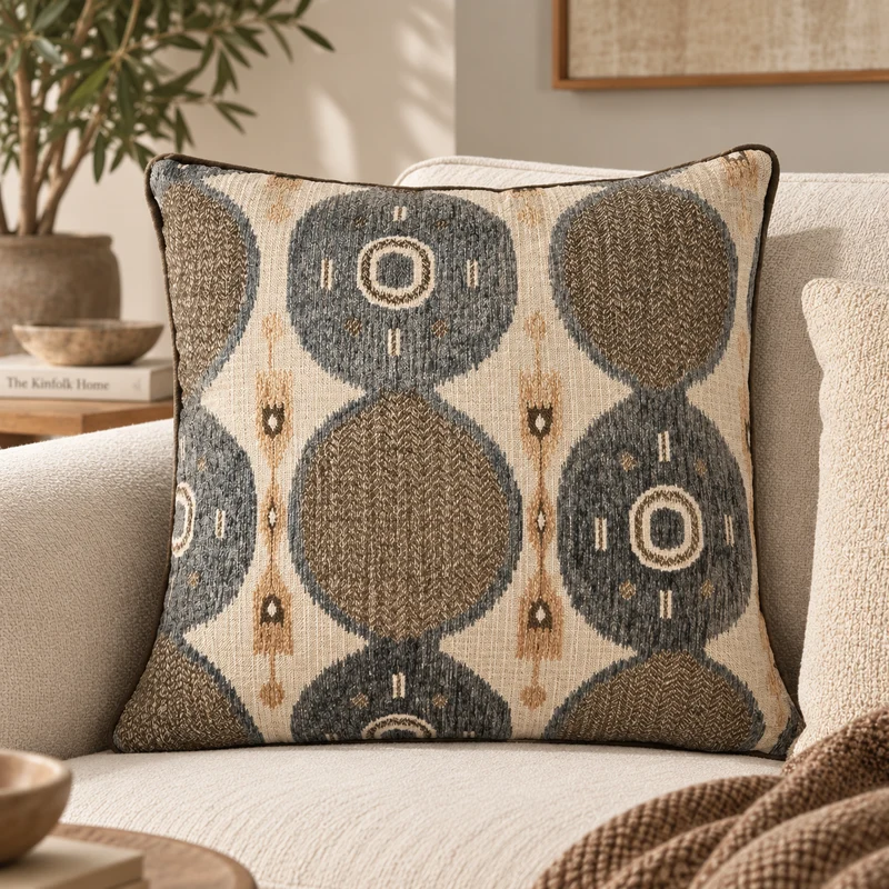 Coussin décoratif à motif graphique taupe, bleu grisé et écru – Timor 50x50