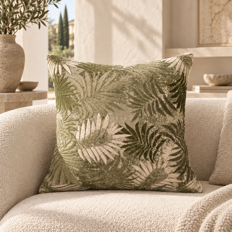 Coussin décoratif à motif feuillage vert et écru – Komodo 50x50