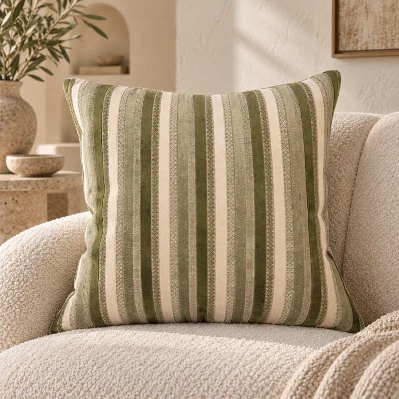 Coussin décoratif à rayures vert sauge et écru – Sumbawa 50x50