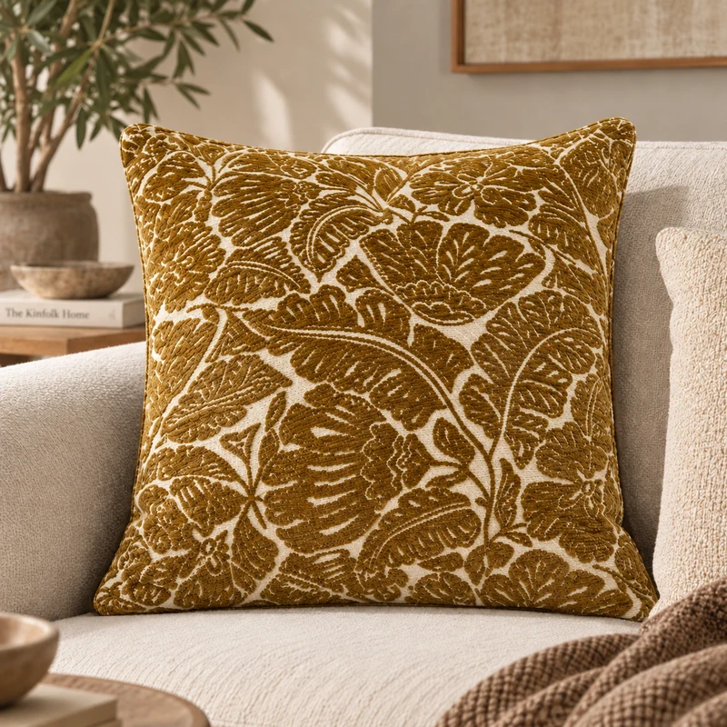 Coussin décoratif à motif floral ocre et écru – Flores 50x50