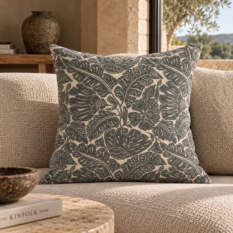 Coussin décoratif à motif floral gris et écru – Lombok 50x50