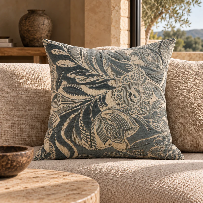Coussin décoratif à motif floral bleu et écru – Bali 50x50