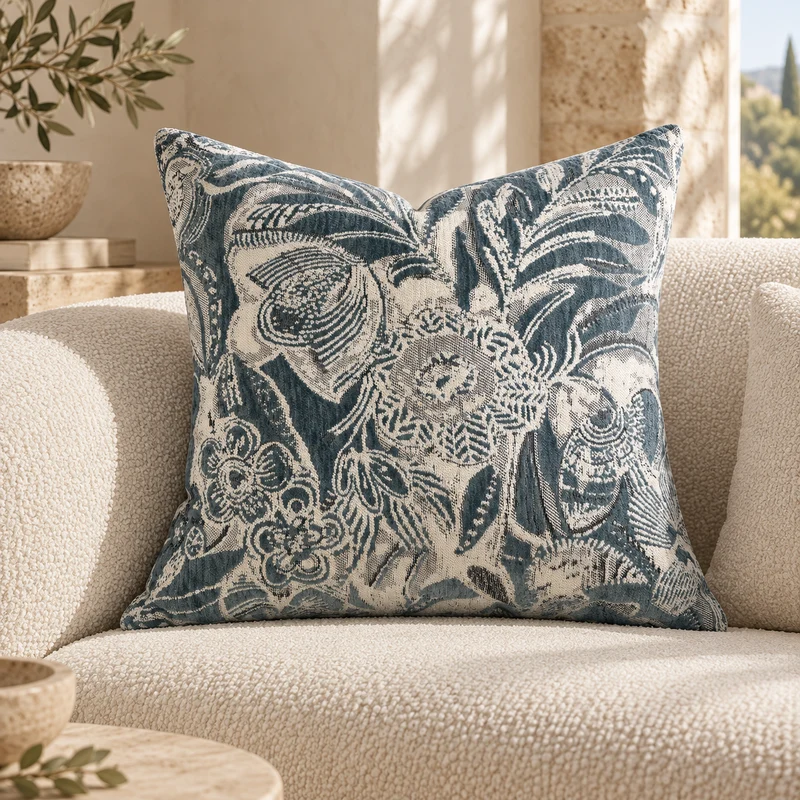 Coussin décoratif à motif floral bleu et écru – Nusa 50x50