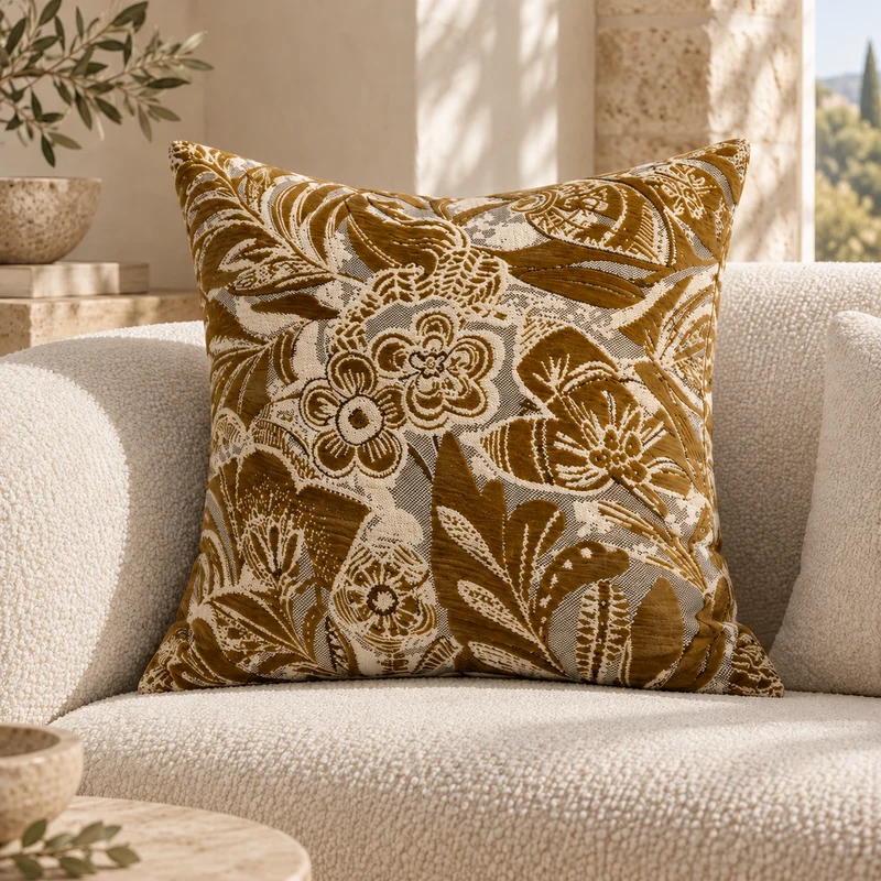 Coussin décoratif à motif floral ocre et écru – Sumba 50x50